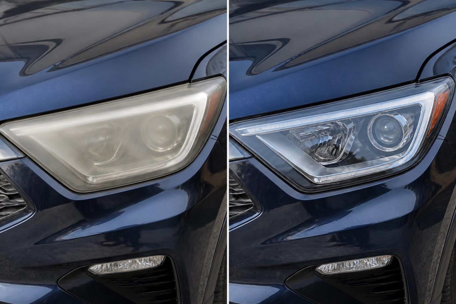 Blue vehicle headlight comparison: cloudy lens on the left, clear lens on the right