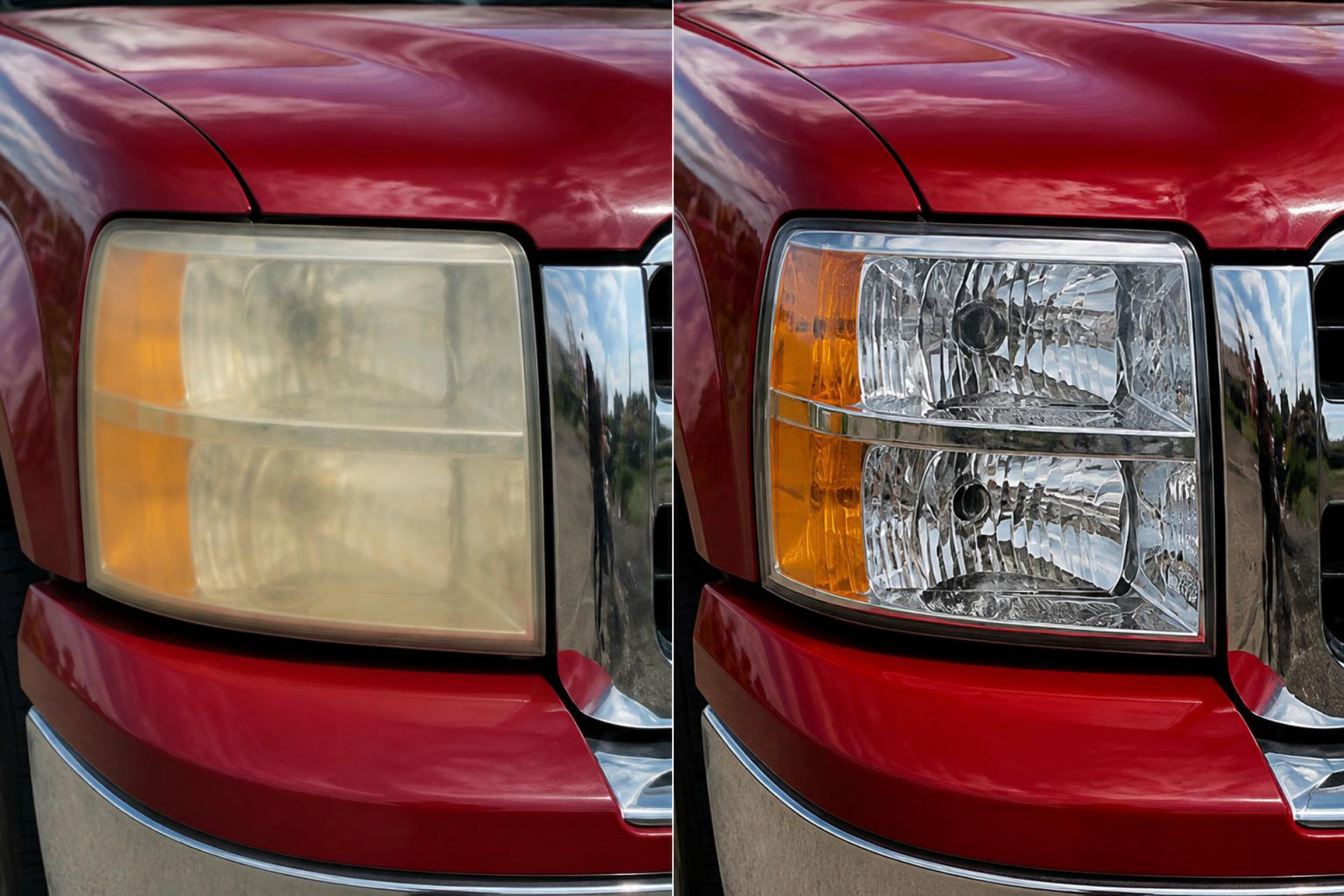 Red truck headlight comparison: cloudy lens on the left, clear lens on the right