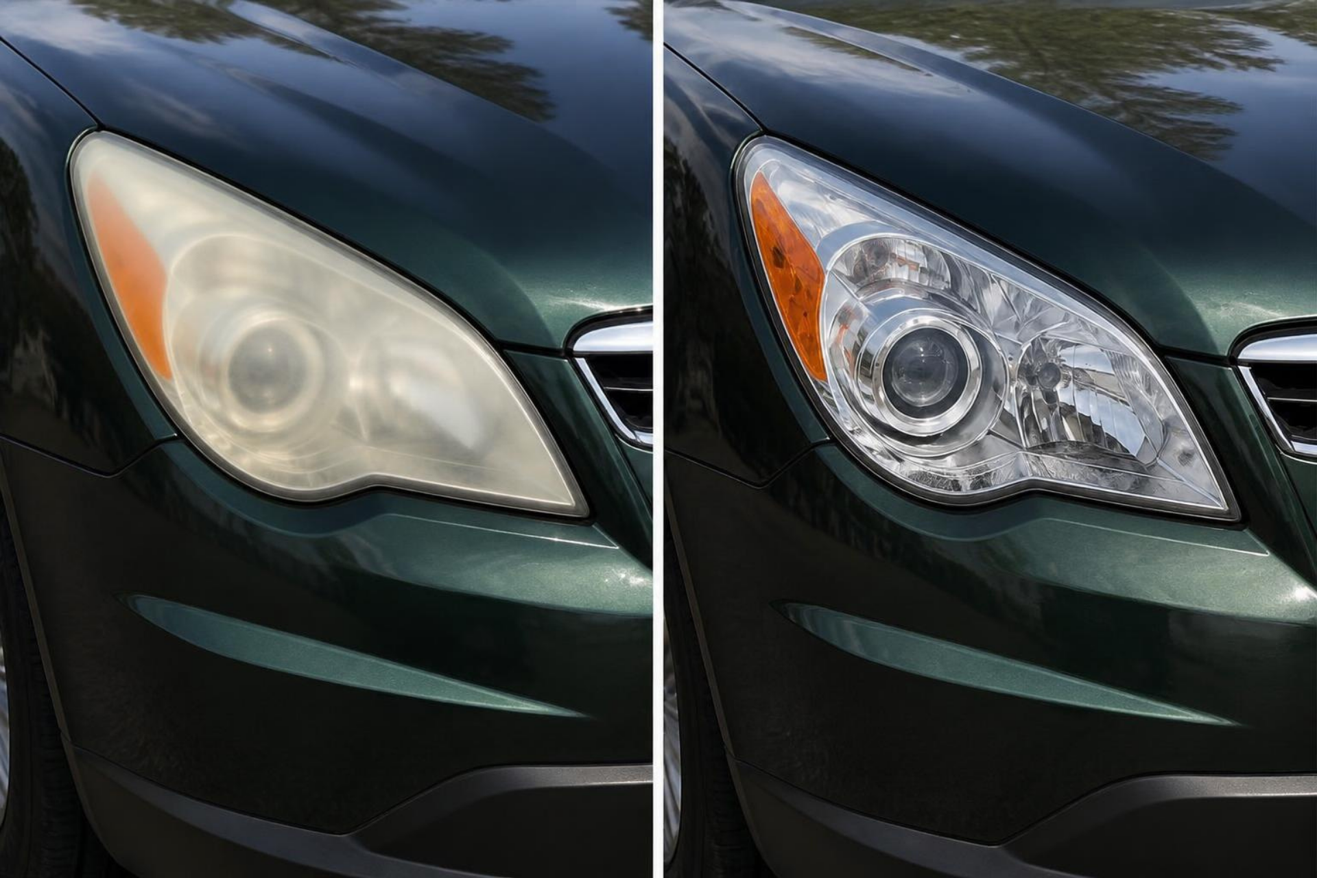 Green vehicle headlight comparison: cloudy lens on the left, clear lens on the right