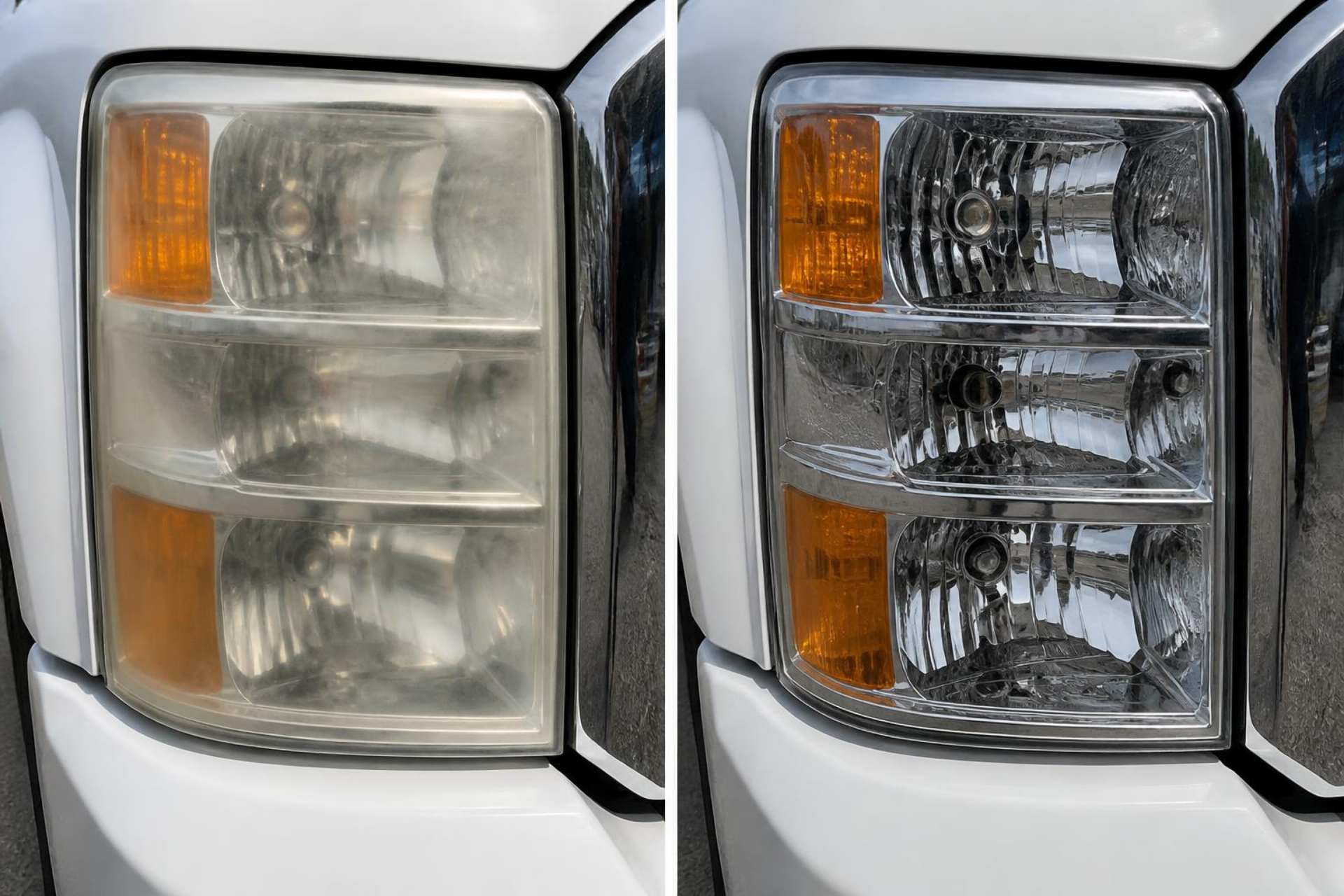 White truck headlight comparison: cloudy lens on the left, clear lens on the right