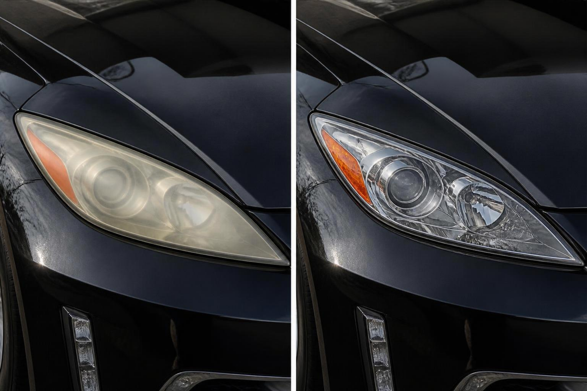 Black vehicle headlight comparison: cloudy lens on the left, clear lens on the right
